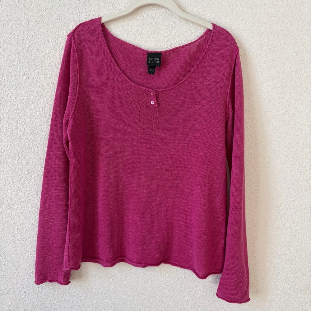 Eileen Fisher 100% Linen Henley Sweater Pink Size Small Coastal Lagenlook